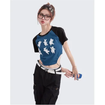 Летняя модная тонкая винтажная футболка с коротким рукавом на завязках для женщин, новая уличная одежда, женское полотенце с вышивкой в виде кролика, укороченный топ