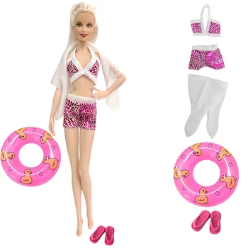 NK 3 предмета/комплект Купальники + Случайное кольцо для плавания + Тапочки Купальник Модное платье Пляжное бикини Одежда для куклы Барби Аксессуары