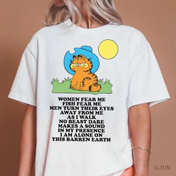 Летняя Женская футболка Garfieldd Cowboy С круглым вырезом И короткими рукавами Fear Me Fish Fear Принт Harajuku Топы Женская футболка Повседневная Футболка