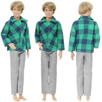 Модная мужская одежда, зеленая клетчатая рубашка с длинными рукавами, серые брюки, повседневная одежда для куклы Барби, аксессуары для куклы Кена, детская игрушка